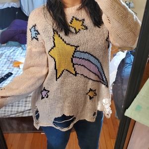 Wildfox shooting star distressed pink sweater